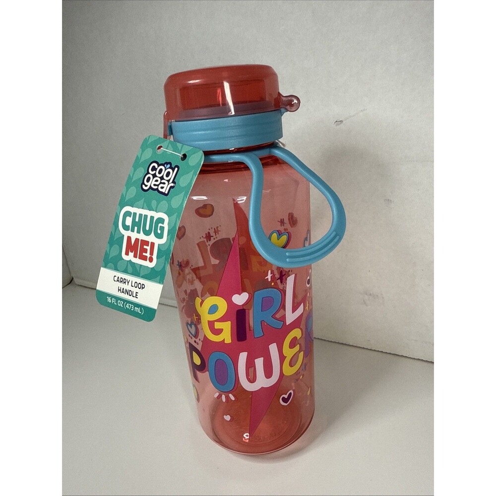 1 Girls Kids Water Bottle Bottles Girl Power Pink Hearts With carry handle 16oz